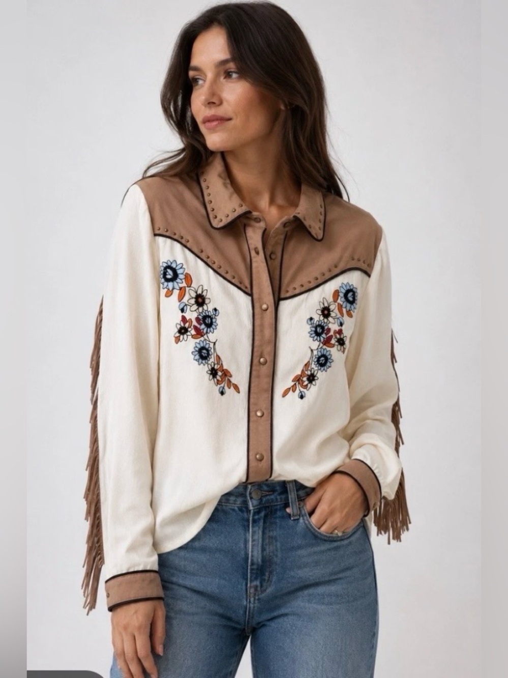 John Moon Texas Western Embroidered Fringe Shirt Women’s Medium Boho Southwest